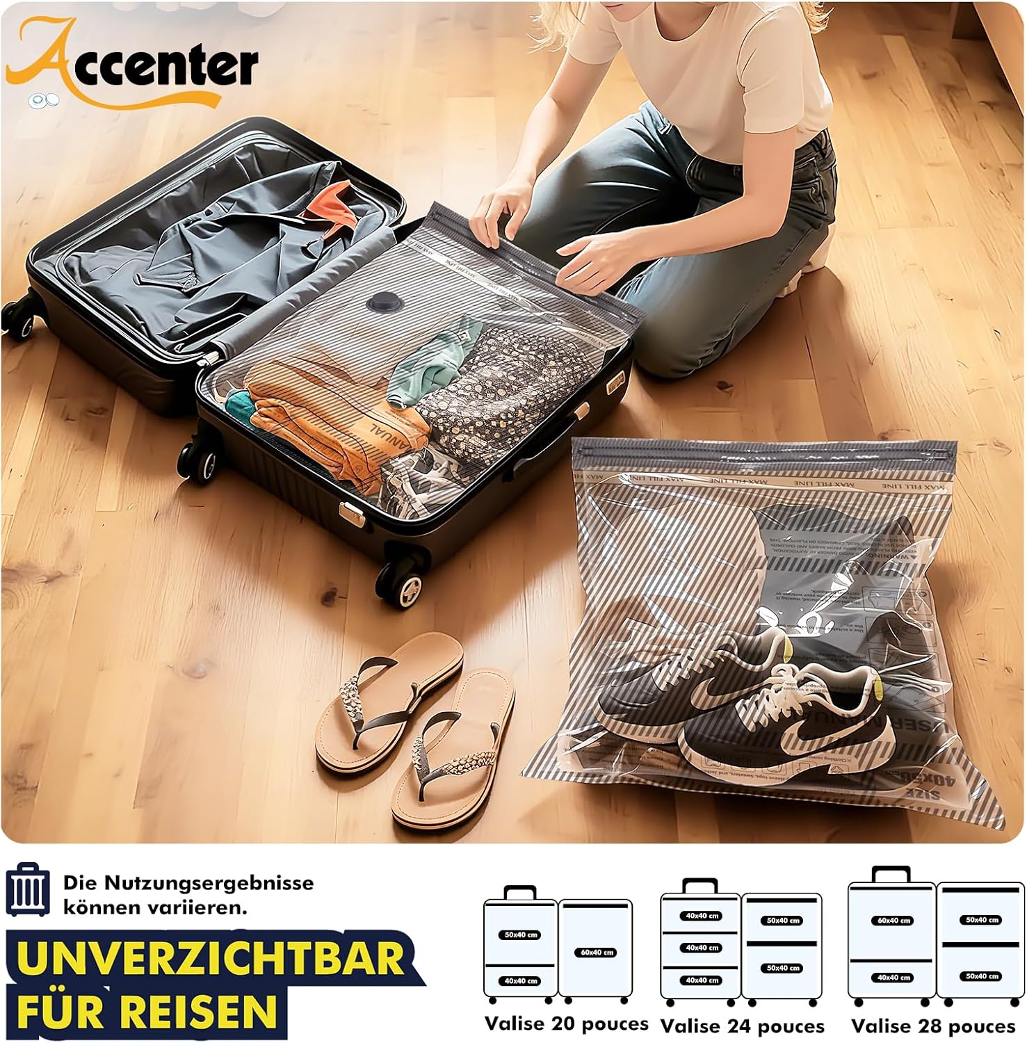 Detalle de Accenter Vakuumbeutel für Kleidung mit elektrischer Pumpe (Set mit 10 Teilen, 3 Größen)