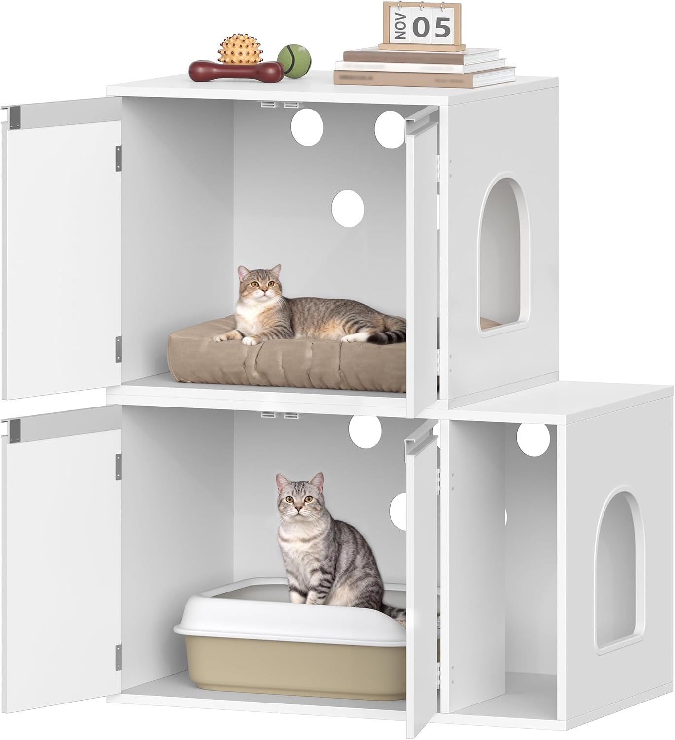 Thumbnail 1 de Hzuaneri Katzenschrank für 2 Katzen – Katzenklo Schrank, Doppelraum, verstecktes Katzenhaus, 140 x 48,3 x 48 cm, Weiß (CB65603X)
