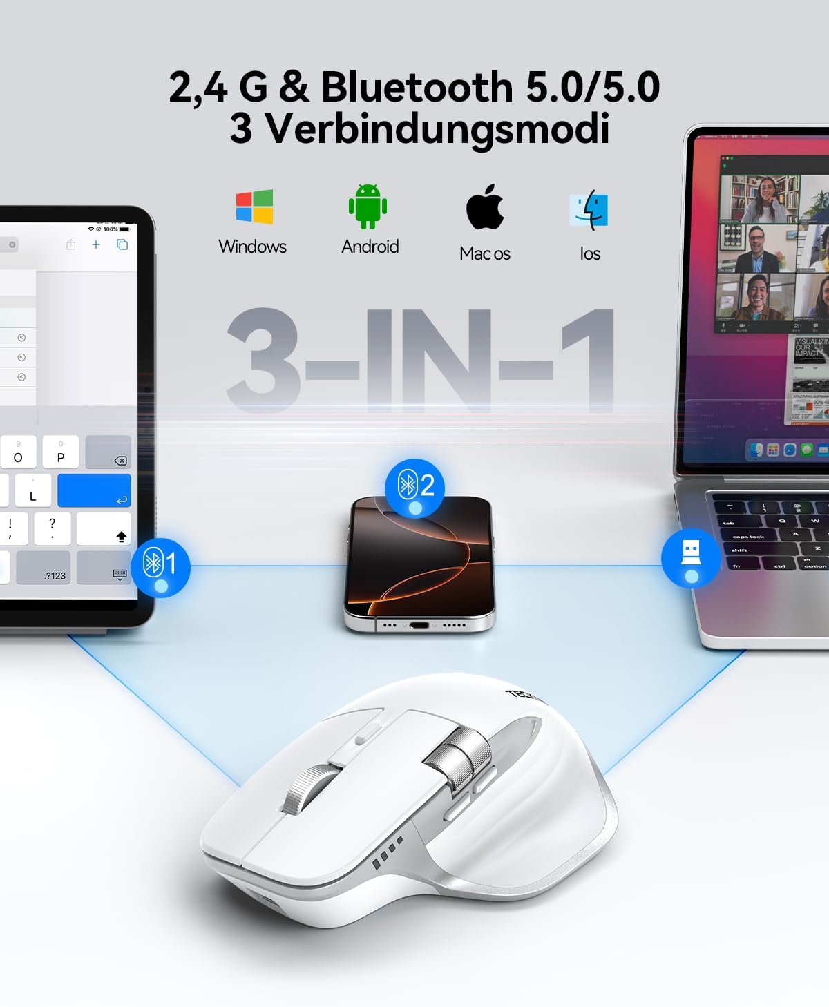 Thumbnail 1 de TECKNET kabellose Bluetooth-Maus (BT 5.3/5.0 + 2,4G) mit 7 Tasten, 4.800 DPI, USB-C – weiß