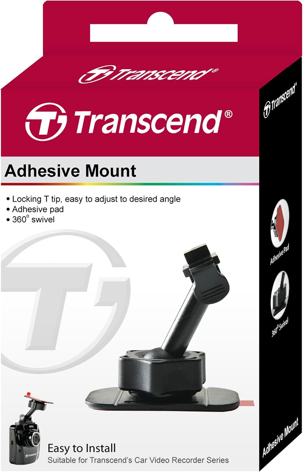 Detalle de Transcend DPA1 DrivePro självhäftande dashcamfäste med låsbar T-spets