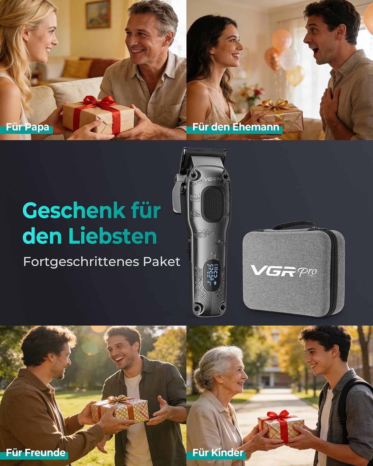 Detalle de VGRPRO Haarschneidemaschine Profi – kabellos, LED-Anzeige, 11 Führungskämmen, Etui
