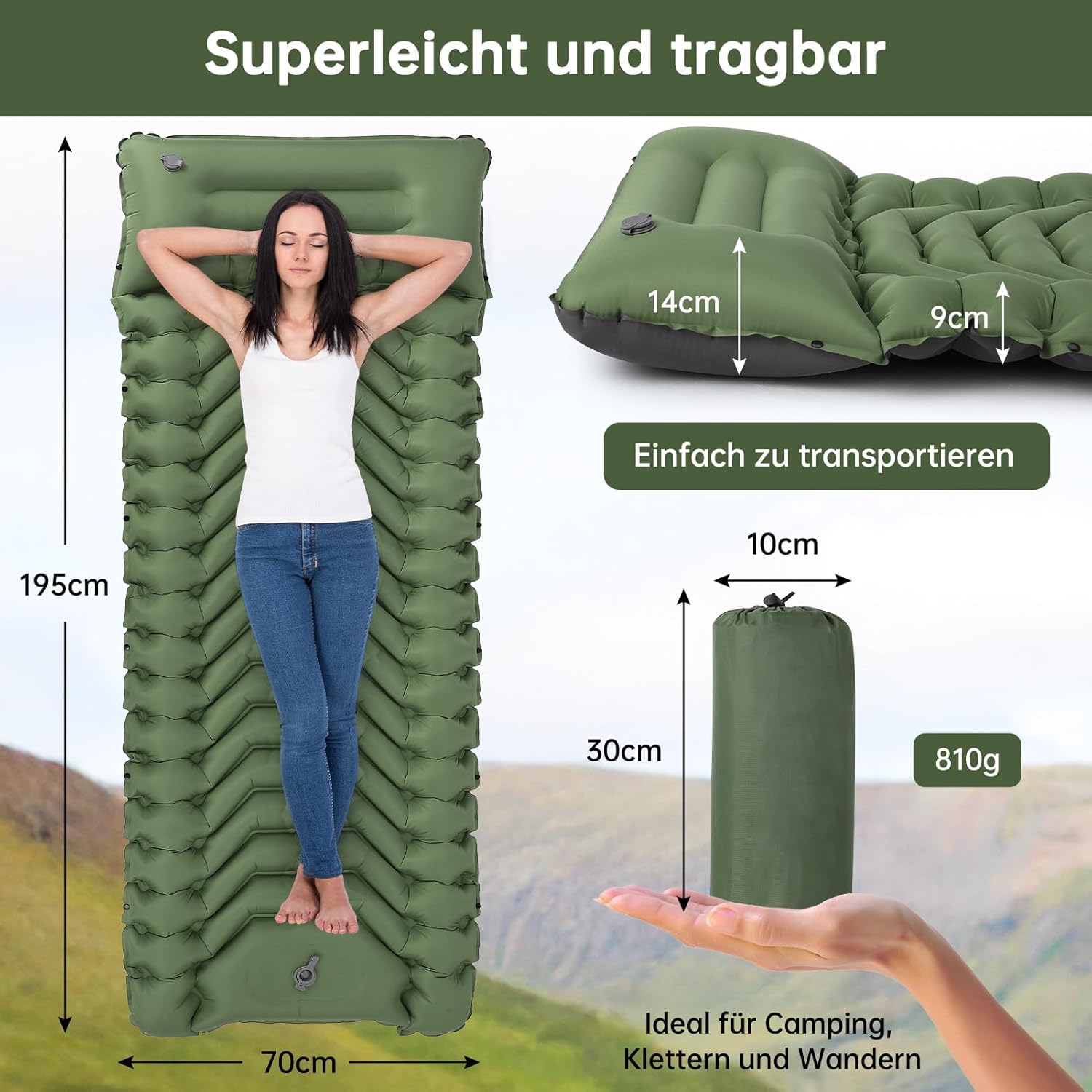 Thumbnail 1 de HAUSPROFI Isomatte Camping – ultraleichte Luftmatratze mit Fußpumpe & Kissen (9 cm), grün