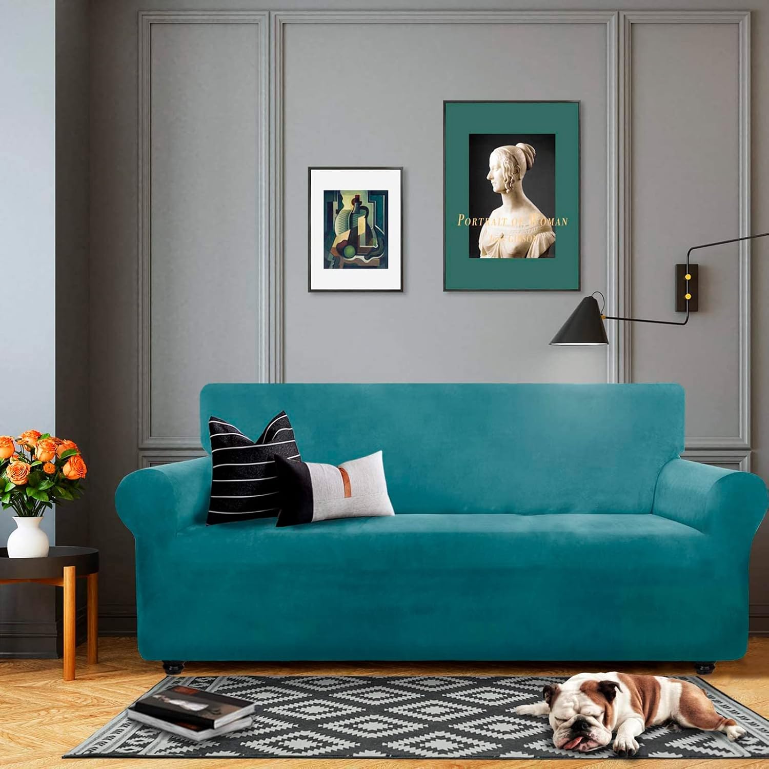 Thumbnail 1 de CHELZEN Velvet Couch Covers 3 Seater: Thick Stretch Slipcover in Peacock Blue