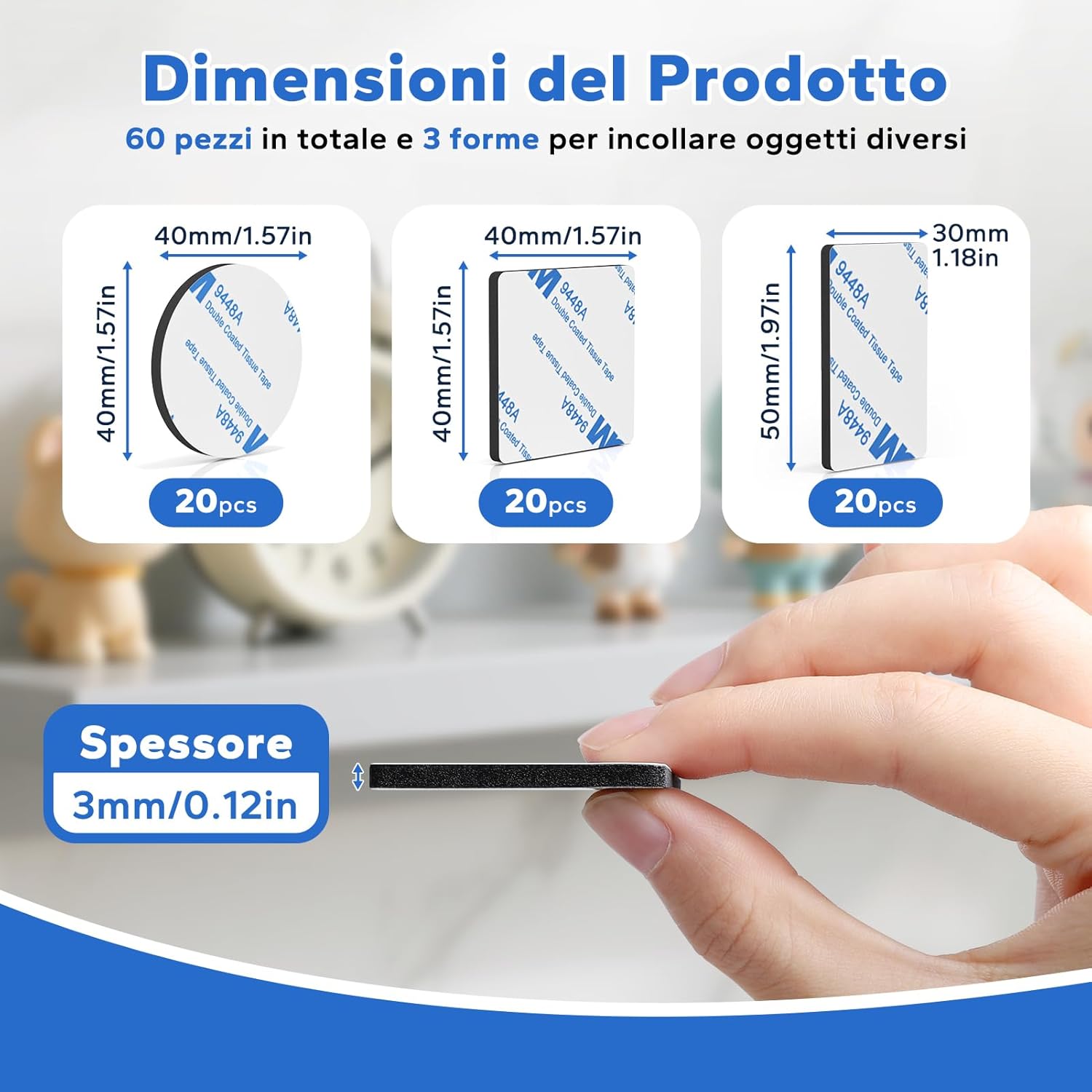 Thumbnail 1 de HOMMAND Pads Biadesivo Extra Forte in schiuma EVA, 60 pezzi (rettangolari, quadrati e tondi) – nero