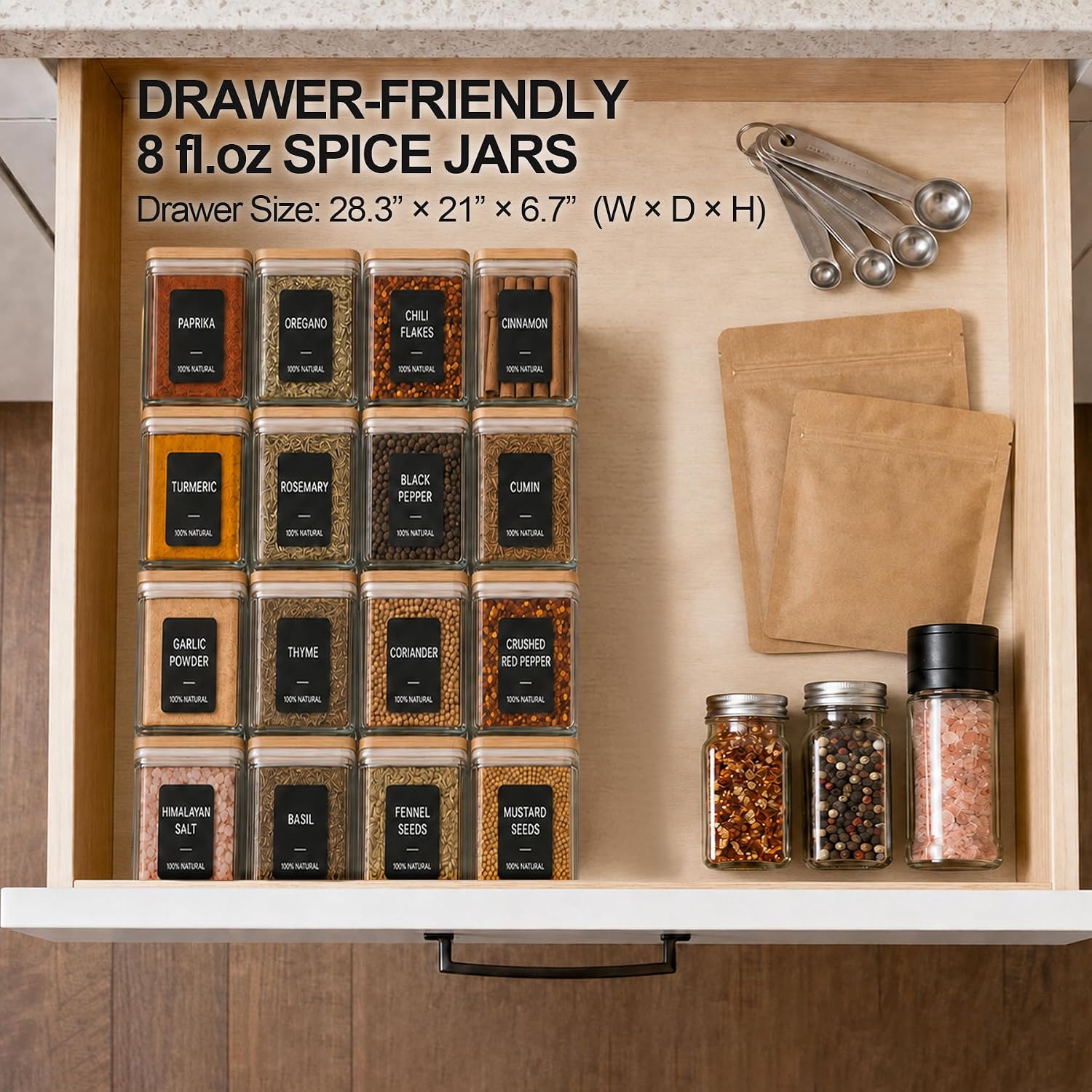 Detalle de ComSaf 240 ml Square Glass Spice Jars with Bamboo Lids, 16 Pack