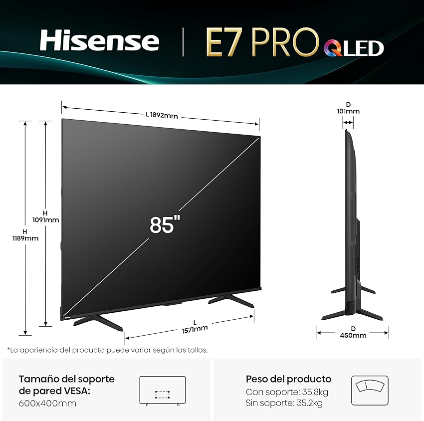 Thumbnail 1 de Hisense 85E7Q Pro QLED 85" 144 Hz para gaming 📺