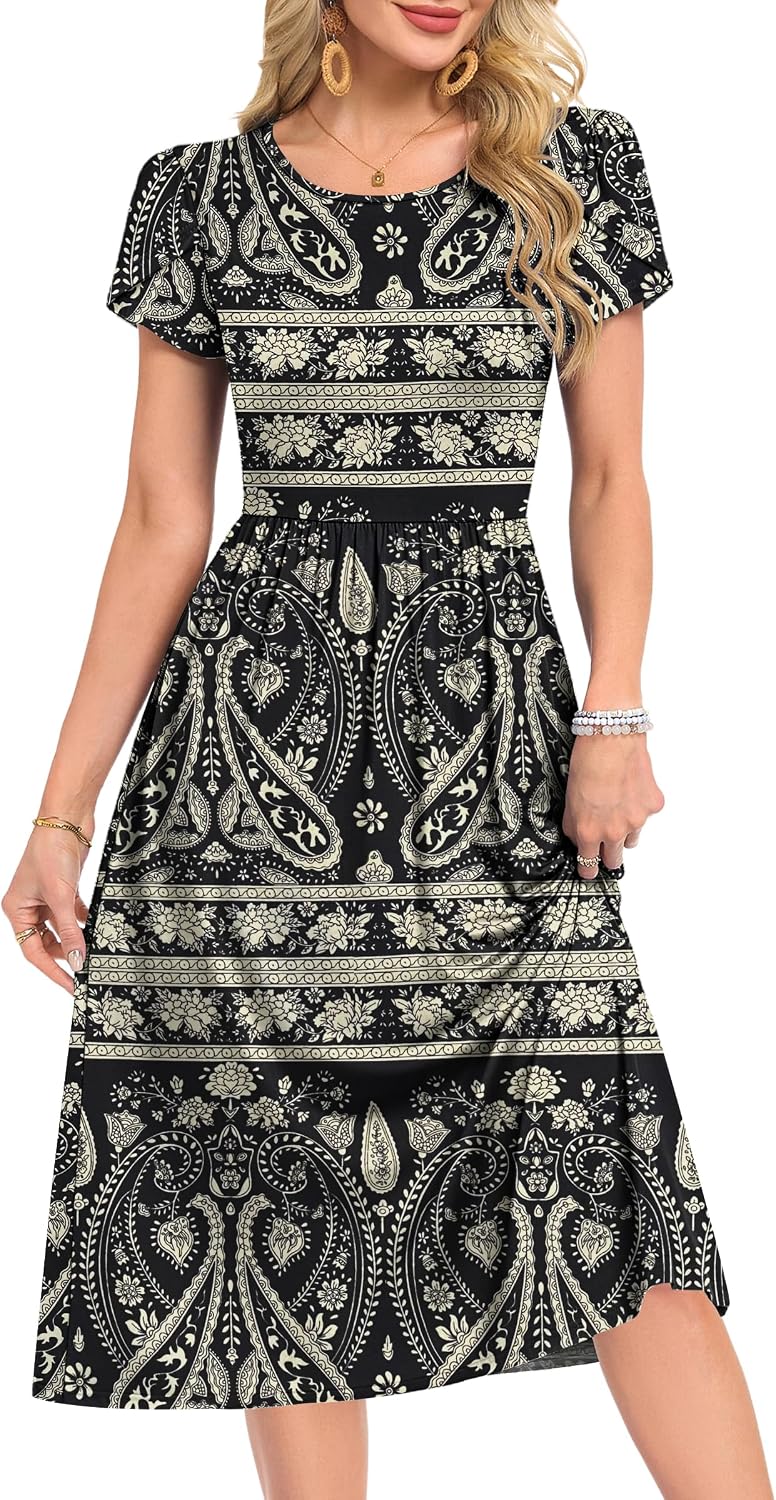 Detalle 2 de MOLERANI Damen Sommerkleider – Kurzarm Rundhals Midikleid mit Tasche, A-Linien-Schnitt