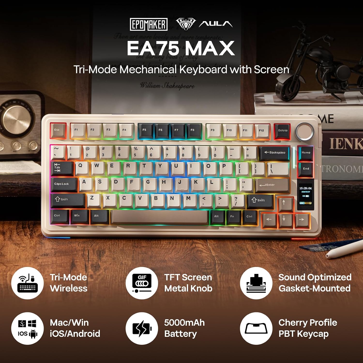 Detalle 2 de EPOMAKER X Aula EA75 MAX Wireless Gaming Keyboard with Screen & Knob (Retro, Silent Switch)