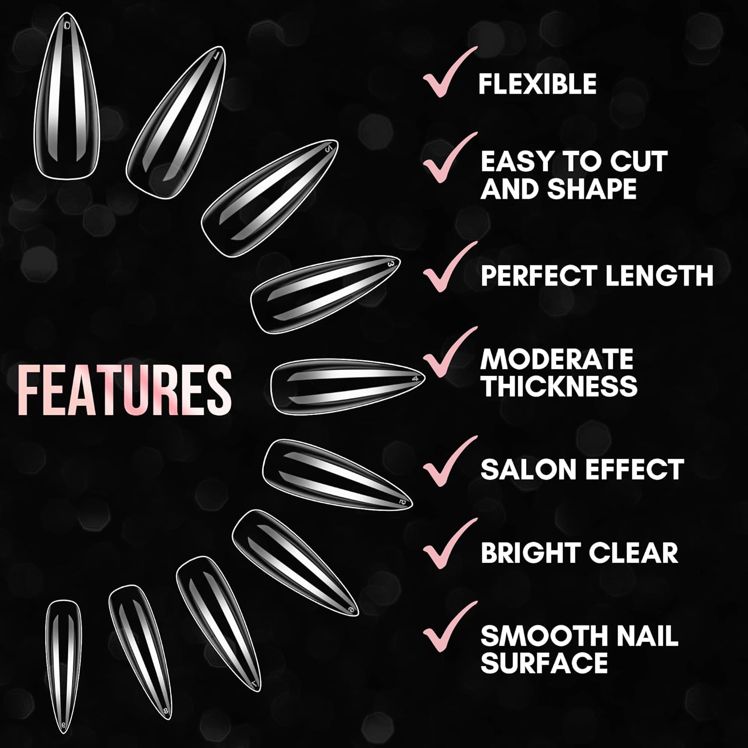 Detalle de Makartt Nail Tips für Gelnägel – 500 Stück Long Stiletto, Full Cover, 10 Größen, Transparent & Bruchsicher