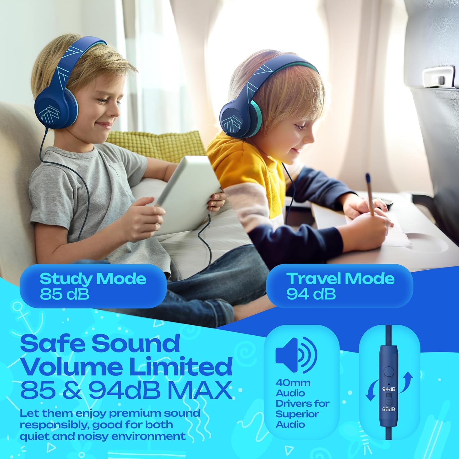 Thumbnail 2 de PowerLocus Auriculares Infantiles Azul 🎧 con Límite de Volumen Seguro