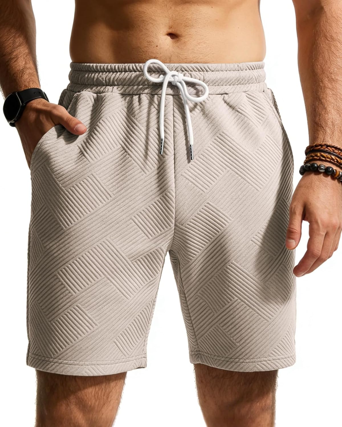 Detalle de HMIYA Herren Shorts Textur Stretch – bequeme Sommerfreizeit mit elastischem Bund und Taschen