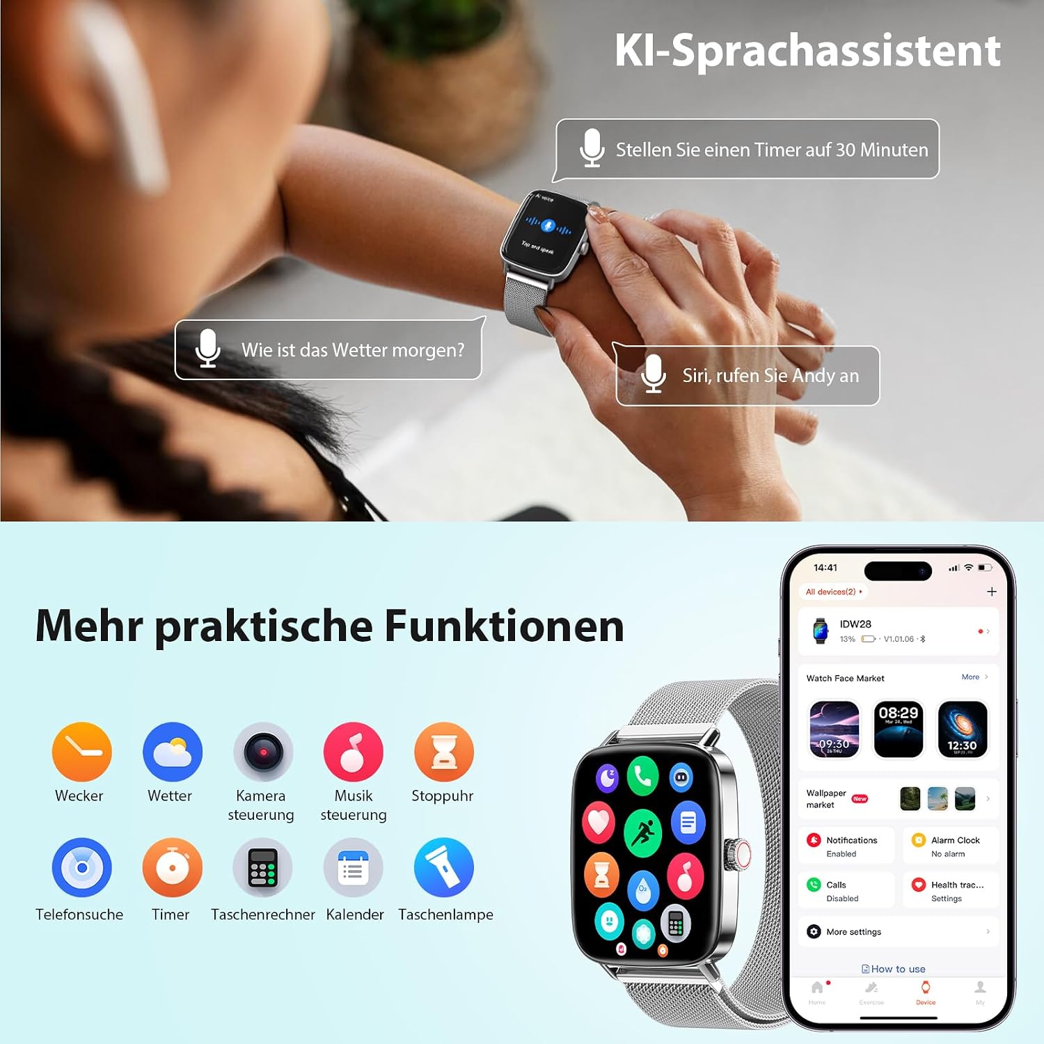 Detalle 2 de Yoever Smartwatch Damen/Herren mit Telefonfunktion – 1,85" Display, 110 Sportmodi, Schlafmonitor, SpO2, IP68, Bluetooth 5.3