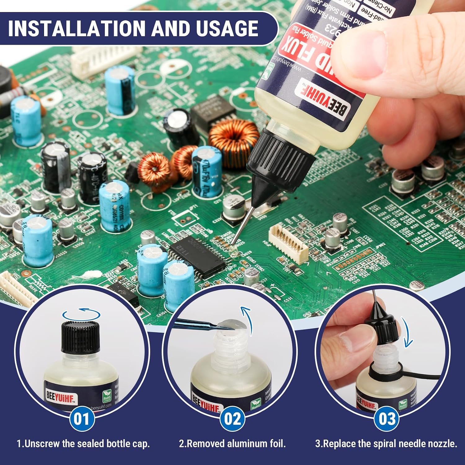 Detalle de BEEYUIHF Liquid Solder Flux Dropper (30 mL) — Non-Corrosive, Lead-Free Rosin Flux for Electronics