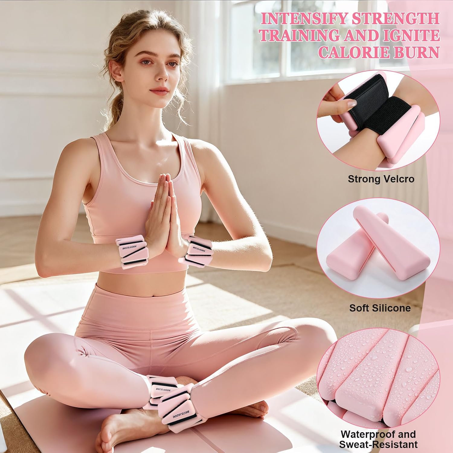 Detalle de BECOJADDE 4 lb Ankle and Wrist Weights, Adjustable, Cloud Pink