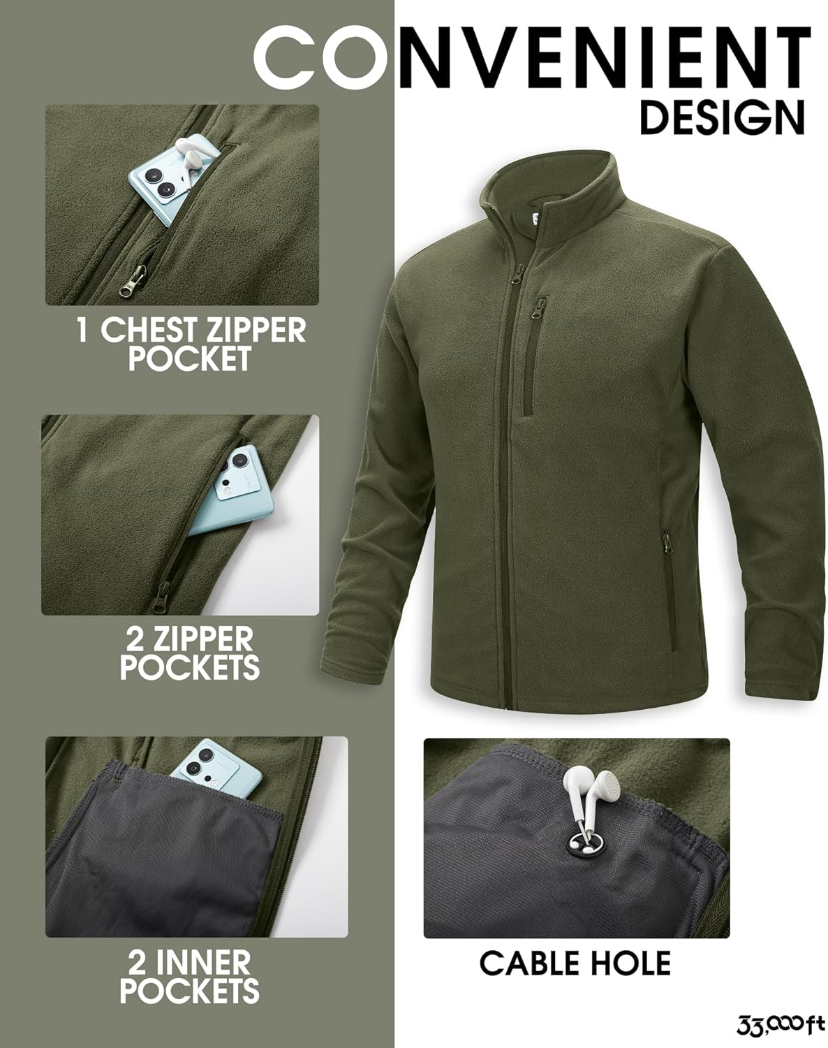 Thumbnail 3 de 33,000ft Herren Fleecejacke mit Stehkragen – leichte warme Übergangsjacke für Outdoor & Alltag