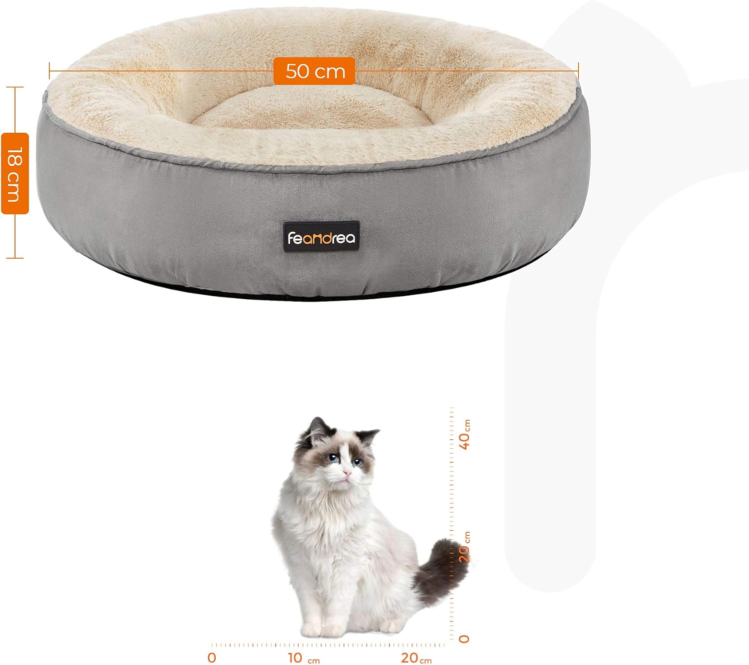 Detalle 2 de FEANDREA Dog Bed, Doughnut Cat Bed, Round, 50 cm Dia., Light Grey