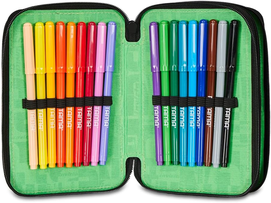 Detalle 2 de Invicta Trousse d’école 3 Zip Triple compartiment noir et vert – avec stylos, crayons et marqueurs
