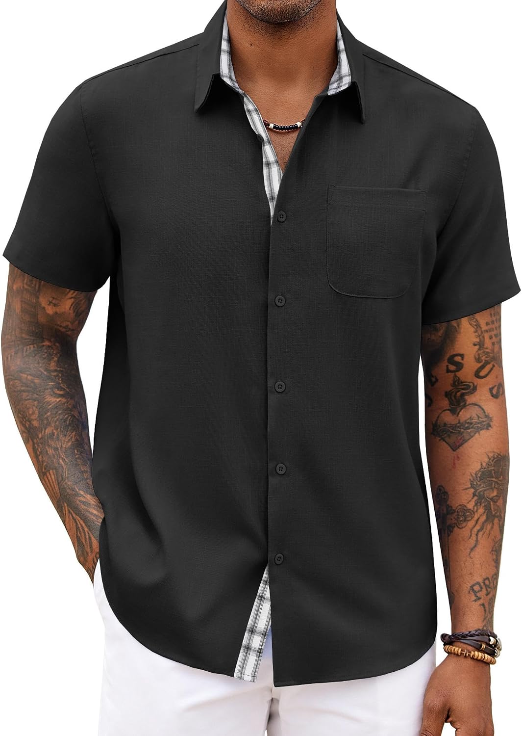 Detalle de COOFANDY Men’s Short-Sleeve Button-Down Shirt with Chest Pocket (Plaid Beach/Holiday Style)