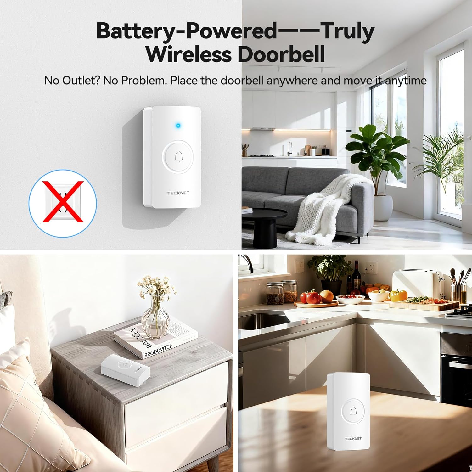 Thumbnail 2 de TECKNET Wireless Doorbell with 3 Receivers 1312 ft 🚪