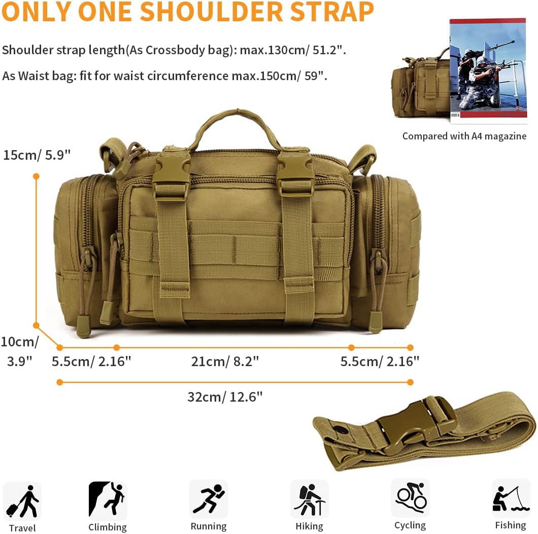 Detalle de Huntvp 3 Way Waist Bag Tactical MOLLE Crossbody Pack (Brown) for Hiking, Camping and More