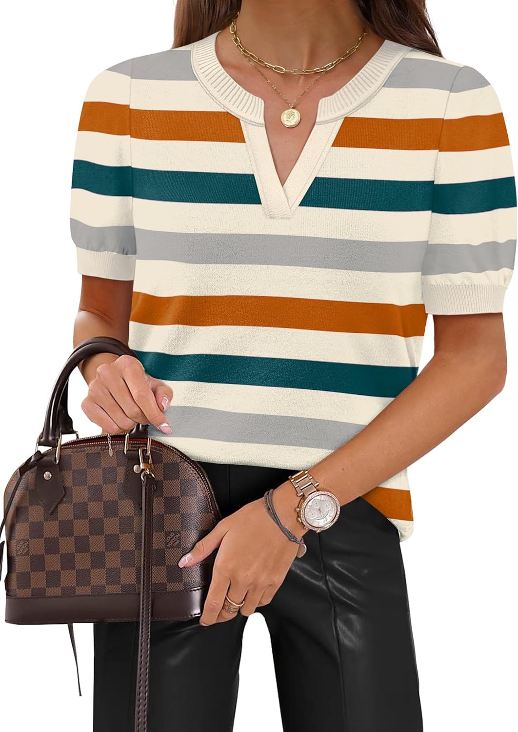 Detalle de WIHOLL Short Sleeve Sweater Tops - 2026 Spring/Summer Knit, V-Neck Business Casual Essential