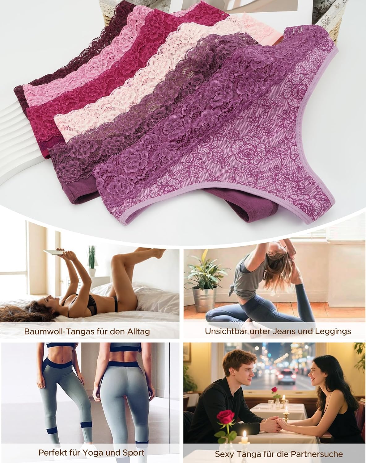 Detalle de INNERSY String Tanga Damen mit Spitze (6er Pack) aus Stretch-Baumwolle