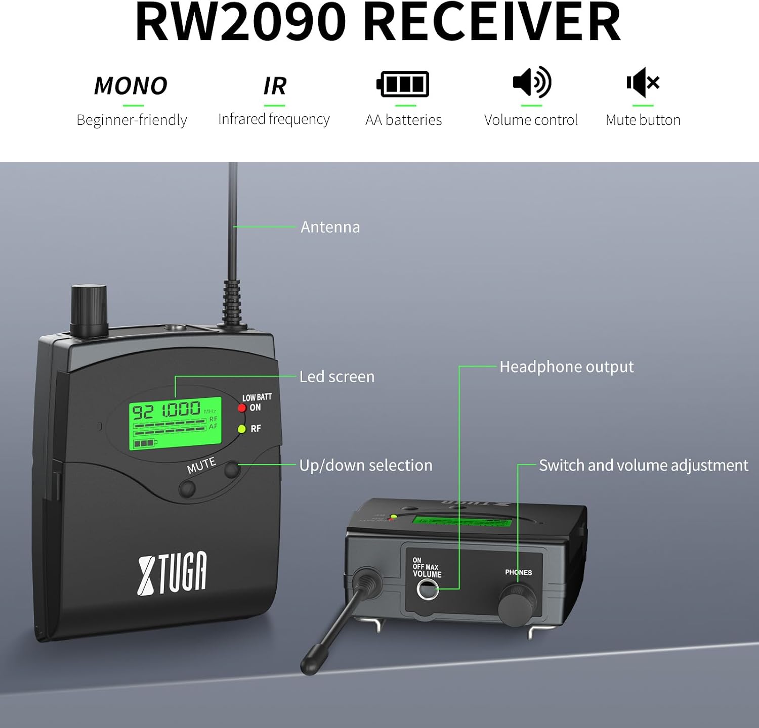 Detalle de XTUGA RW2090-900 Wireless In-Ear Monitor System, UHF, Mono Dual Channel