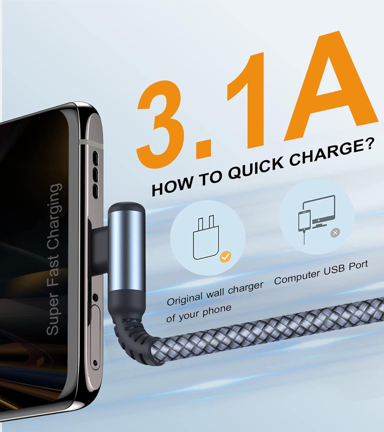 Detalle de AviBrex 2Pack 2m USB-C Right Angle 90° braided charging cable (3.1A)