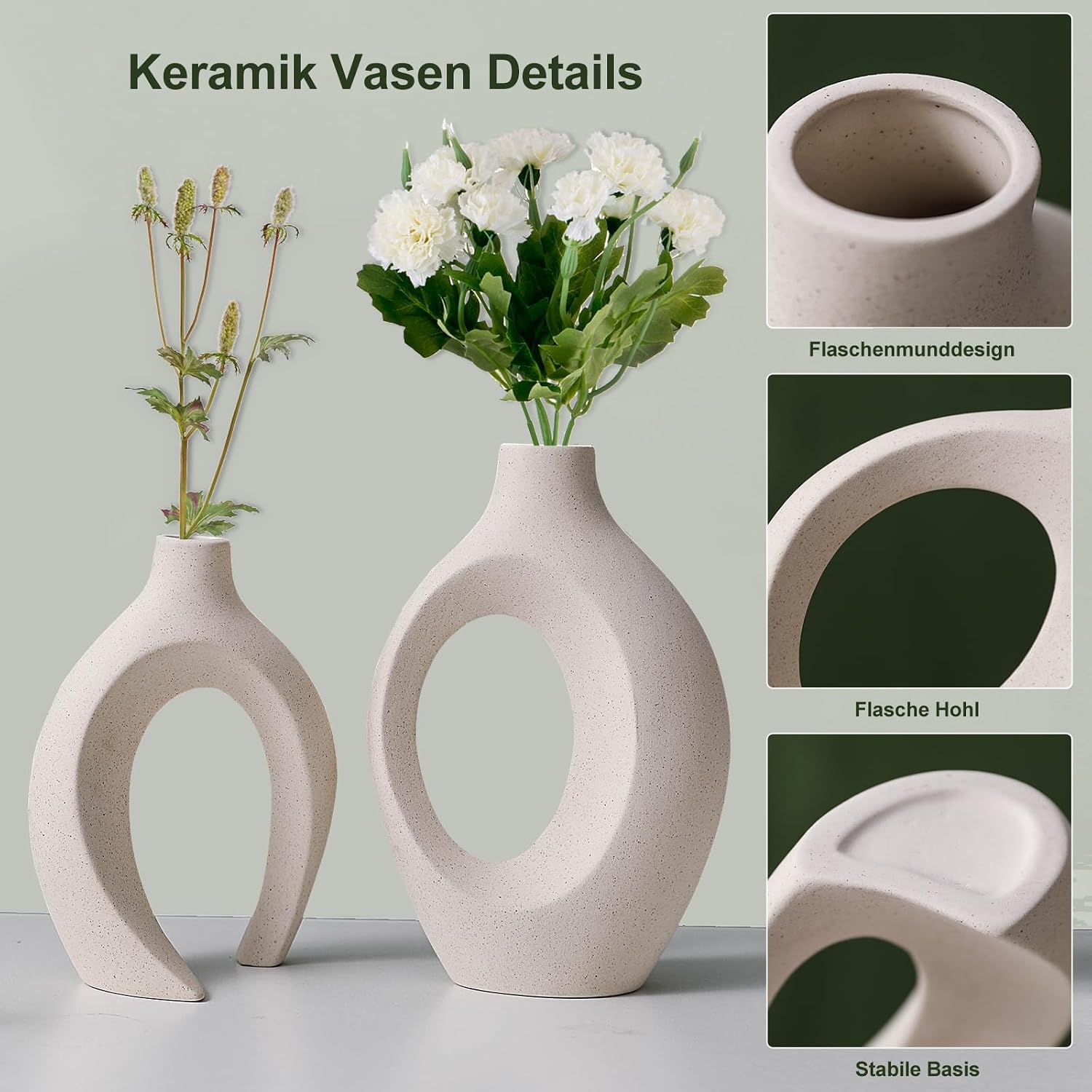 Detalle 1 de SUKIYPO BS03 keramieken vazenset van 2, beige met open design