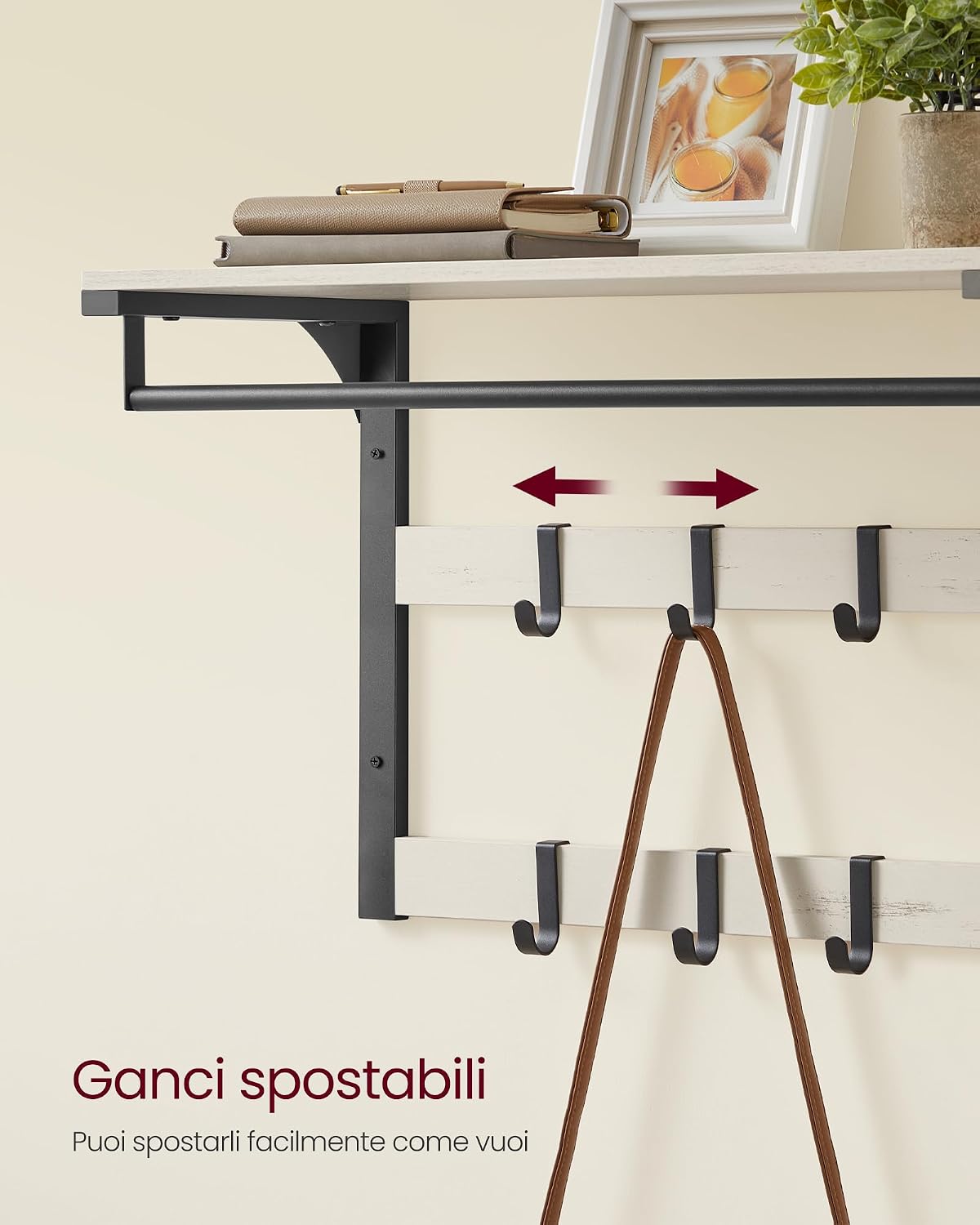 Detalle de VASAGLE Appendiabiti da parete con mensola e 10 ganci rimovibili LCR101W03 (bianco vintage e nero)
