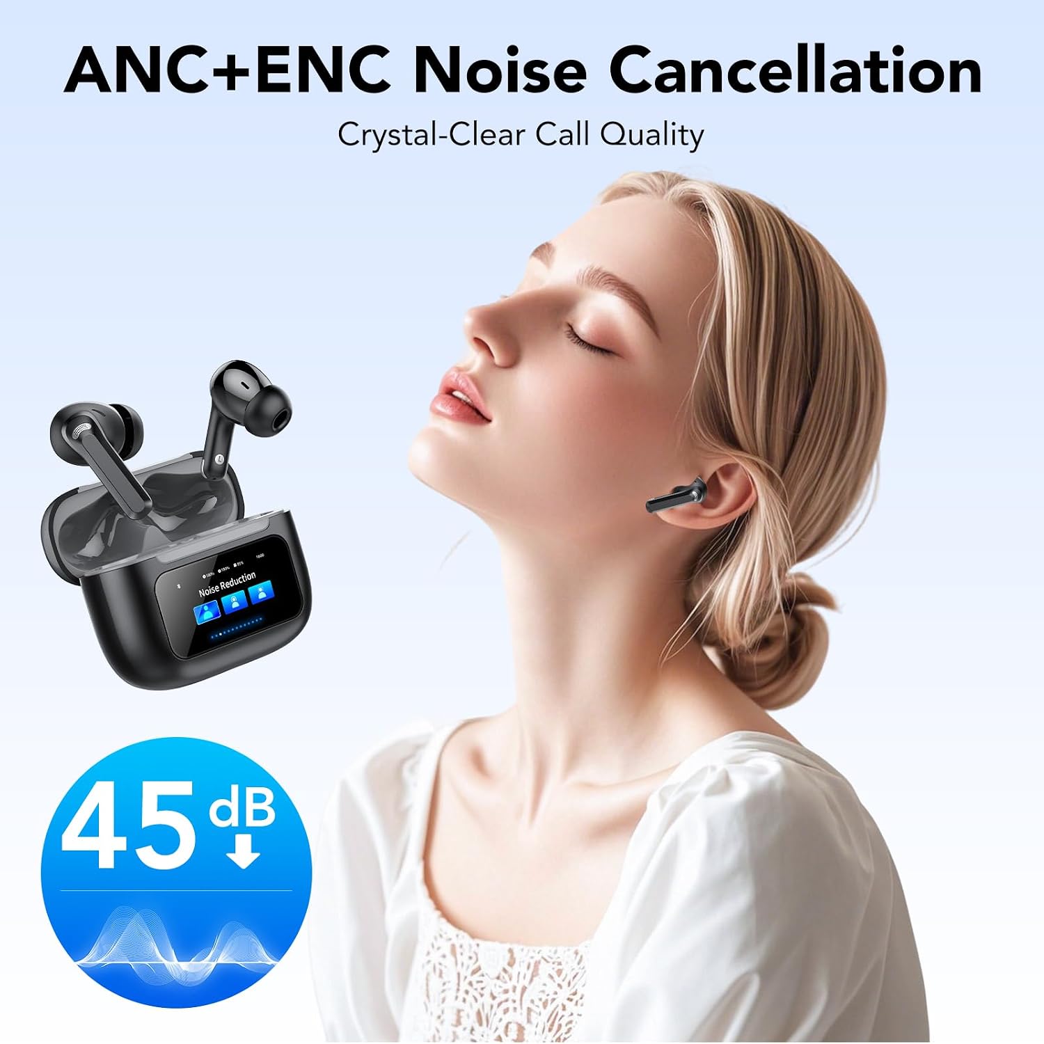 Detalle de Wireless Earbuds with ANC/ENC, Bluetooth 5.4, 50h Playtime, IPX7 Waterproof – In-Ear Headphones (Black)