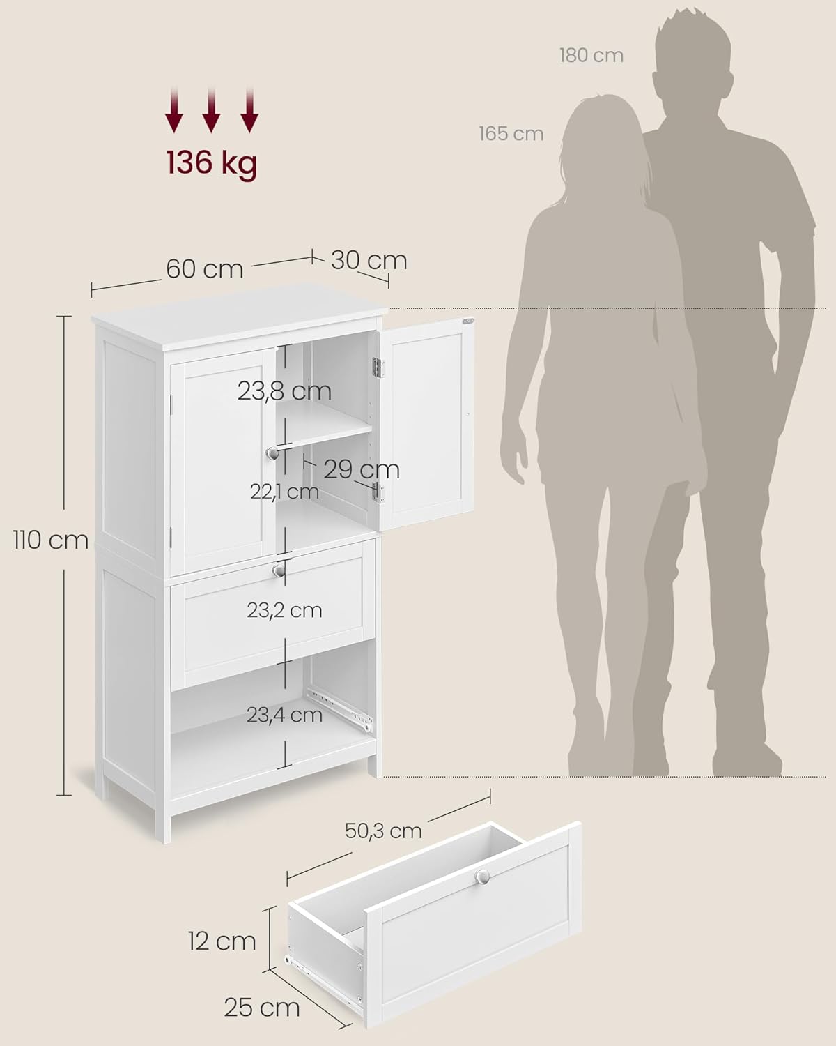 Thumbnail 2 de VASAGLE Badezimmerschrank klassikweiß BBC551P31 mit 2 Türen, 2 Schubladen und verstellbarer Ablage (30 x 60 x 110 cm)
