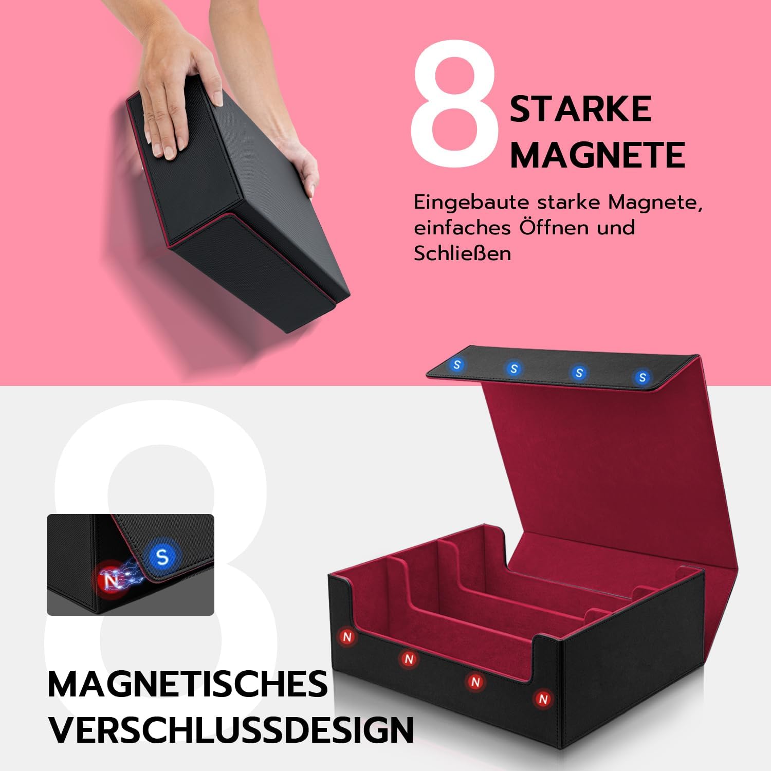 Thumbnail 3 de Tolesum Kartenbox für MTG – 1800+ Karten mit Trennwänden, PU-Leder, Magnetverschluss (Schwarz & Rot)