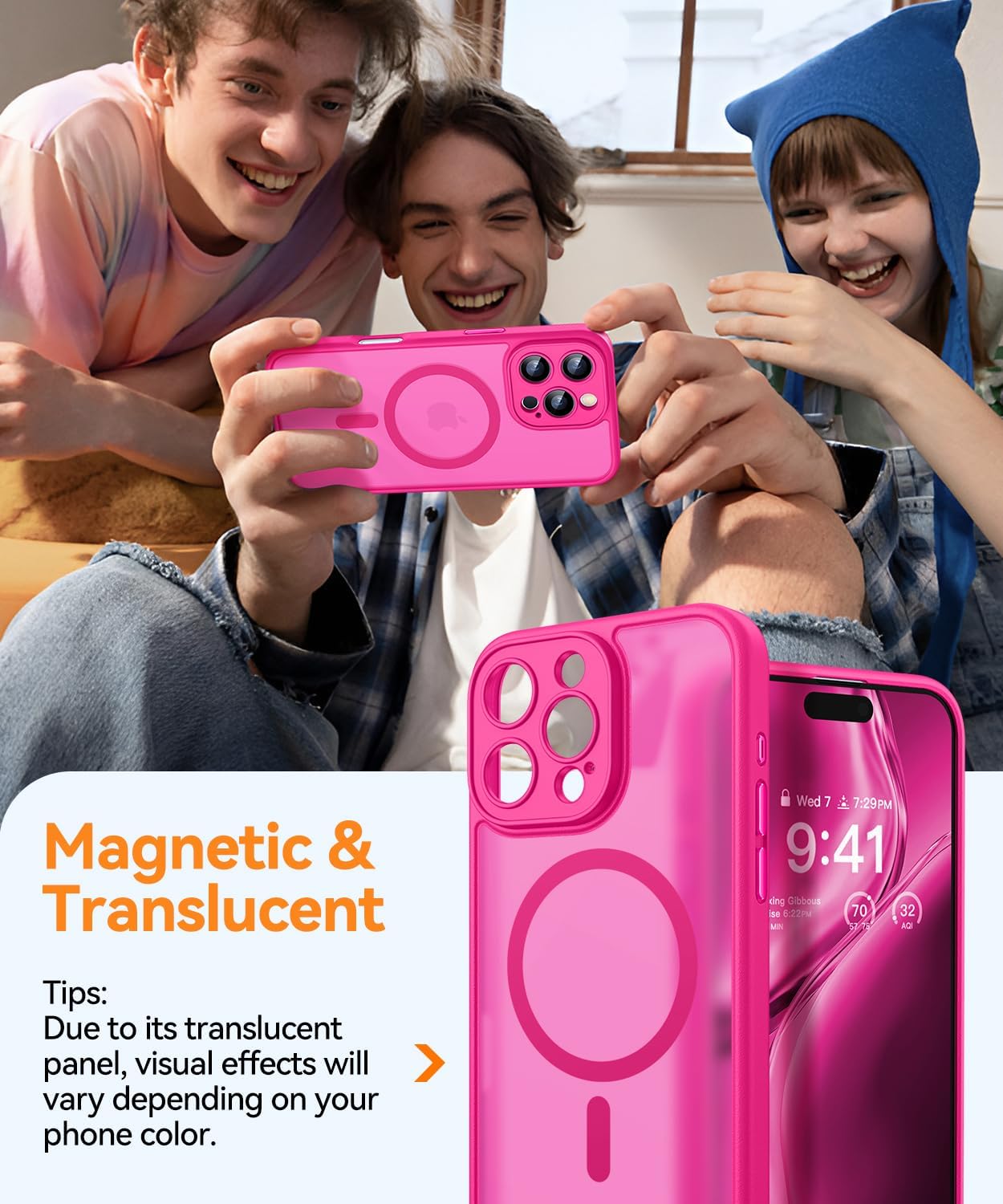 Detalle de CANSHN Magnetic for iPhone 16 Pro Case, Upgraded Full Coverage Camera Protection in Hot Pink