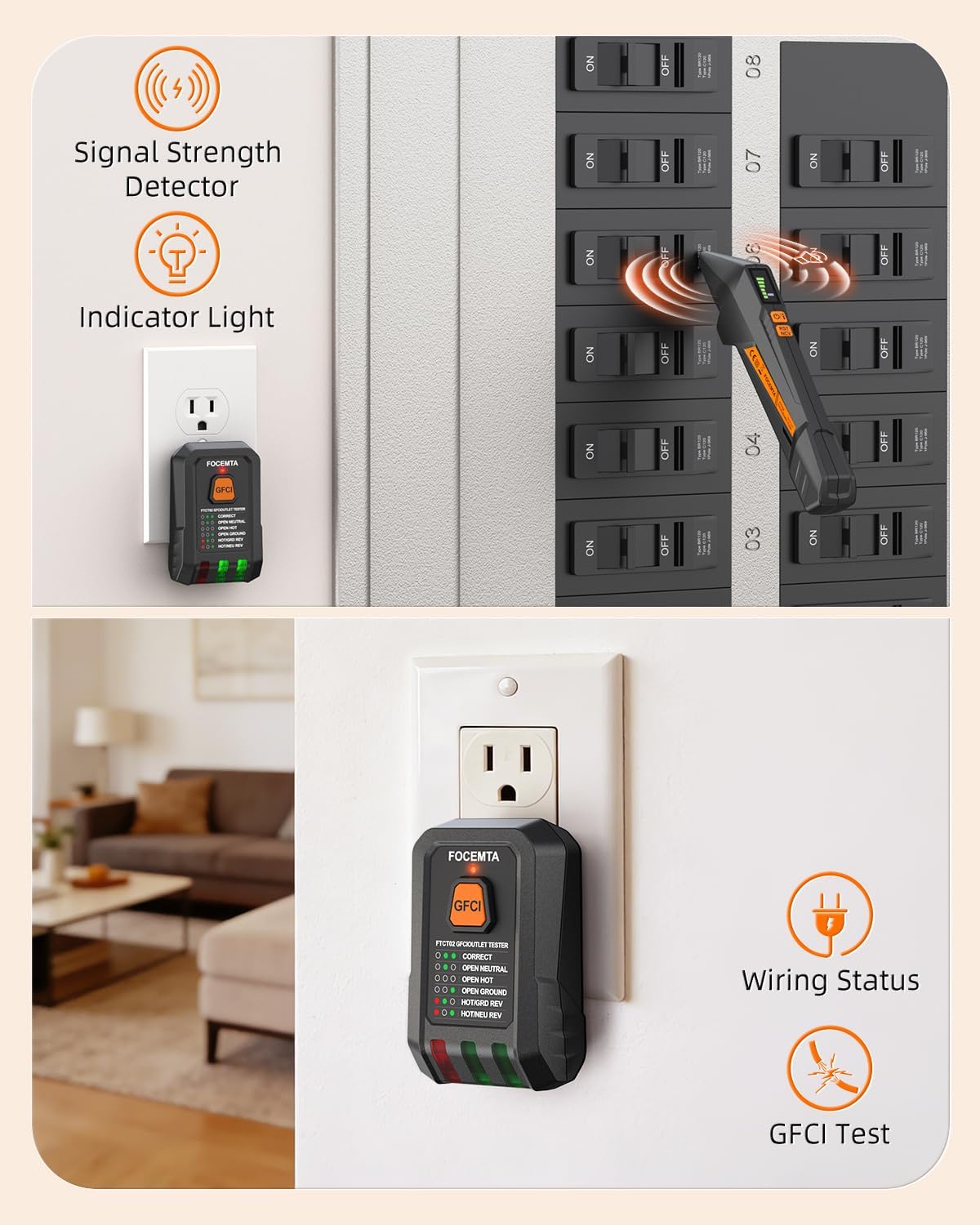 Detalle de Focemta FTCT02: Circuit Breaker Finder and GFCI Outlet Tester with Color Screen