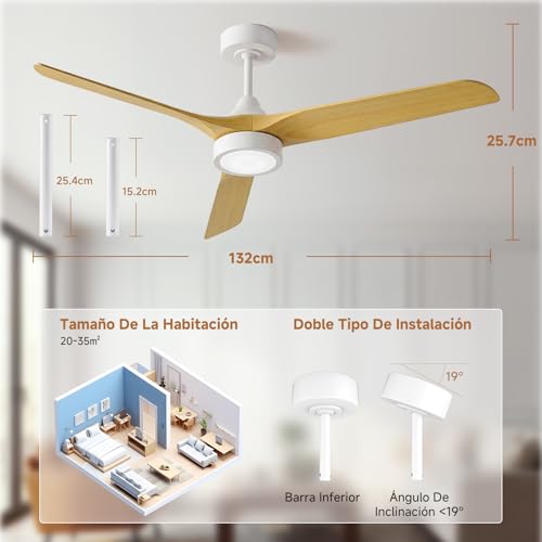 Detalle de Ateroll Ventilador de Techo con Luz 132 cm — Silencioso, Control Remoto y Función Verano/Invierno