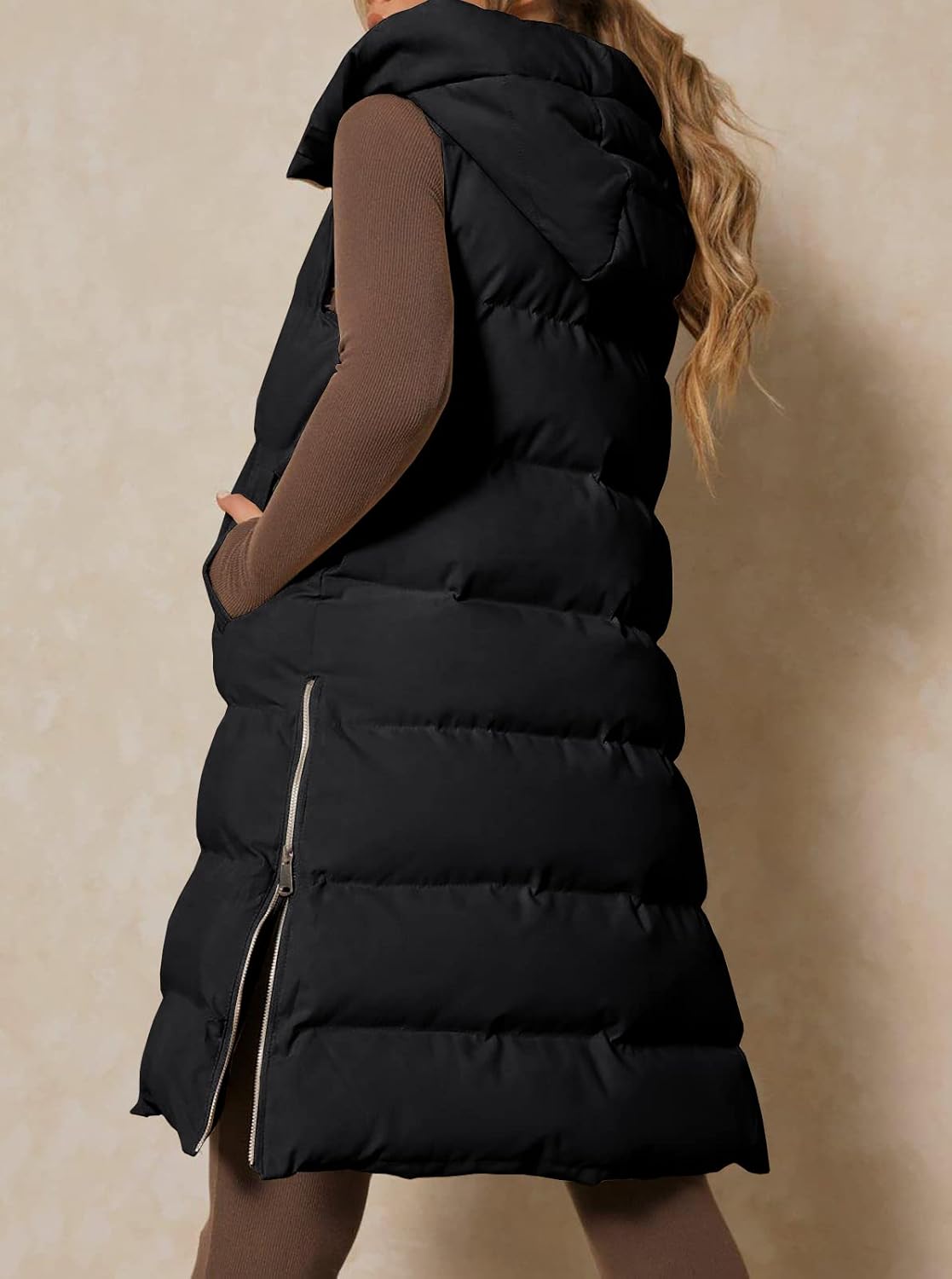 Thumbnail 3 de Inorin Women's Long Hooded Puffer Vest with Stand Collar and Zip Closure