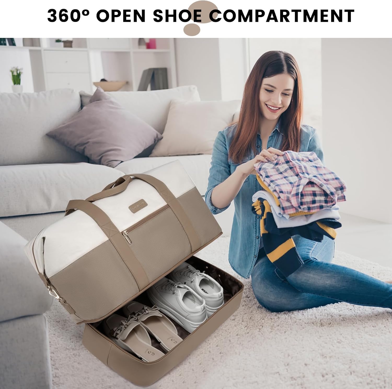 Detalle de LOVEVOOK Travel Overnight Bag for Women: Waterproof Duffle with Shoe Compartment, Wet/Dry Split, and Trolley Sleeve
