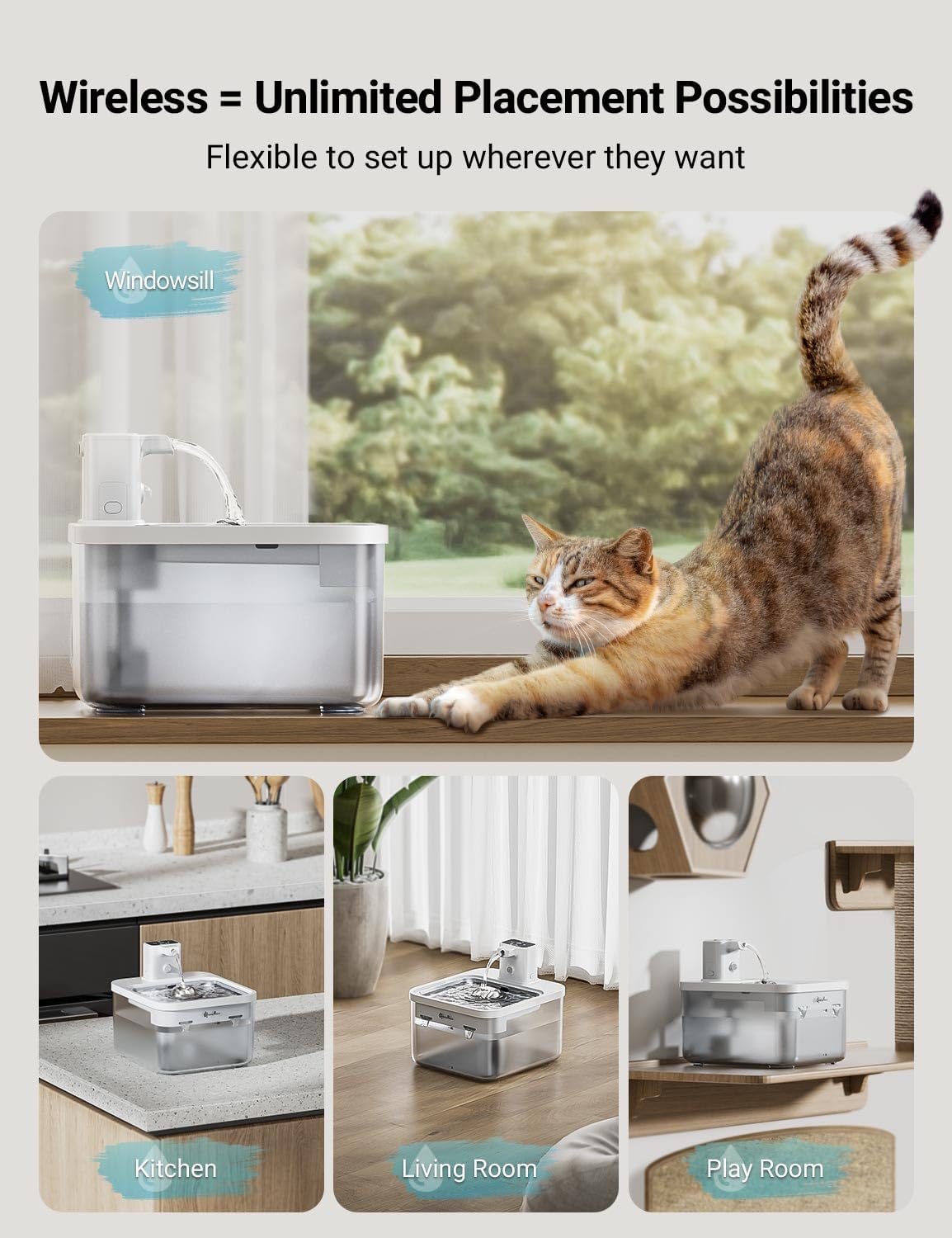 Detalle de DownyPaws Wireless Cat Water Fountain with 2.5L Capacity and Motion Sensor