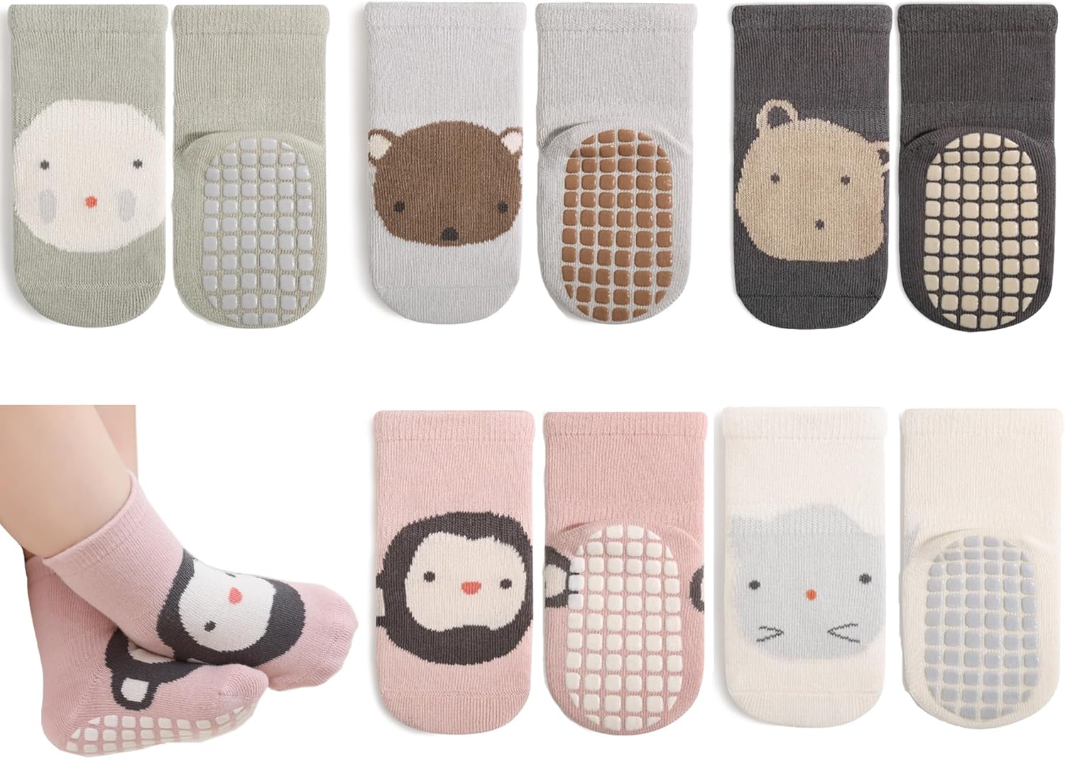 Detalle de Exemaba Baby Socks with Grips for Girls Boys – 5 Pairs, Cute Animal Cartoon, Anti-Slip Toddler Socks