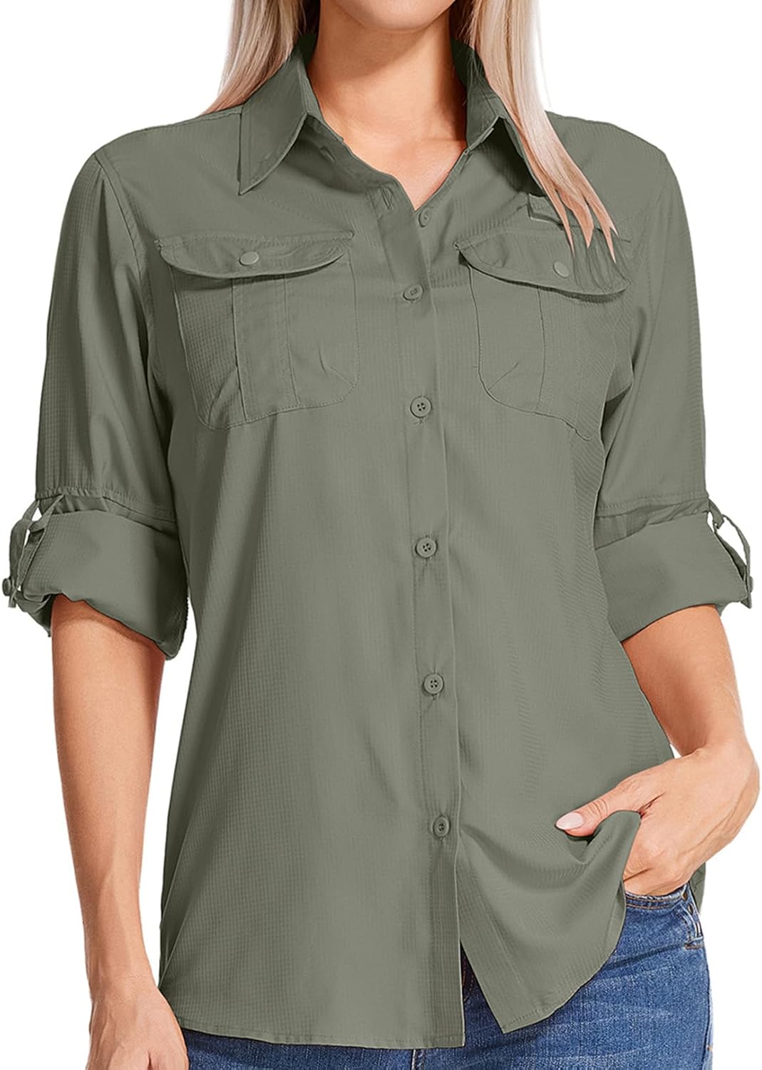 Detalle de Jogwits Camicia da Safari a Maniche Lunghe da Donna – tessuto traspirante, rapido asciugaggio e UPF50+