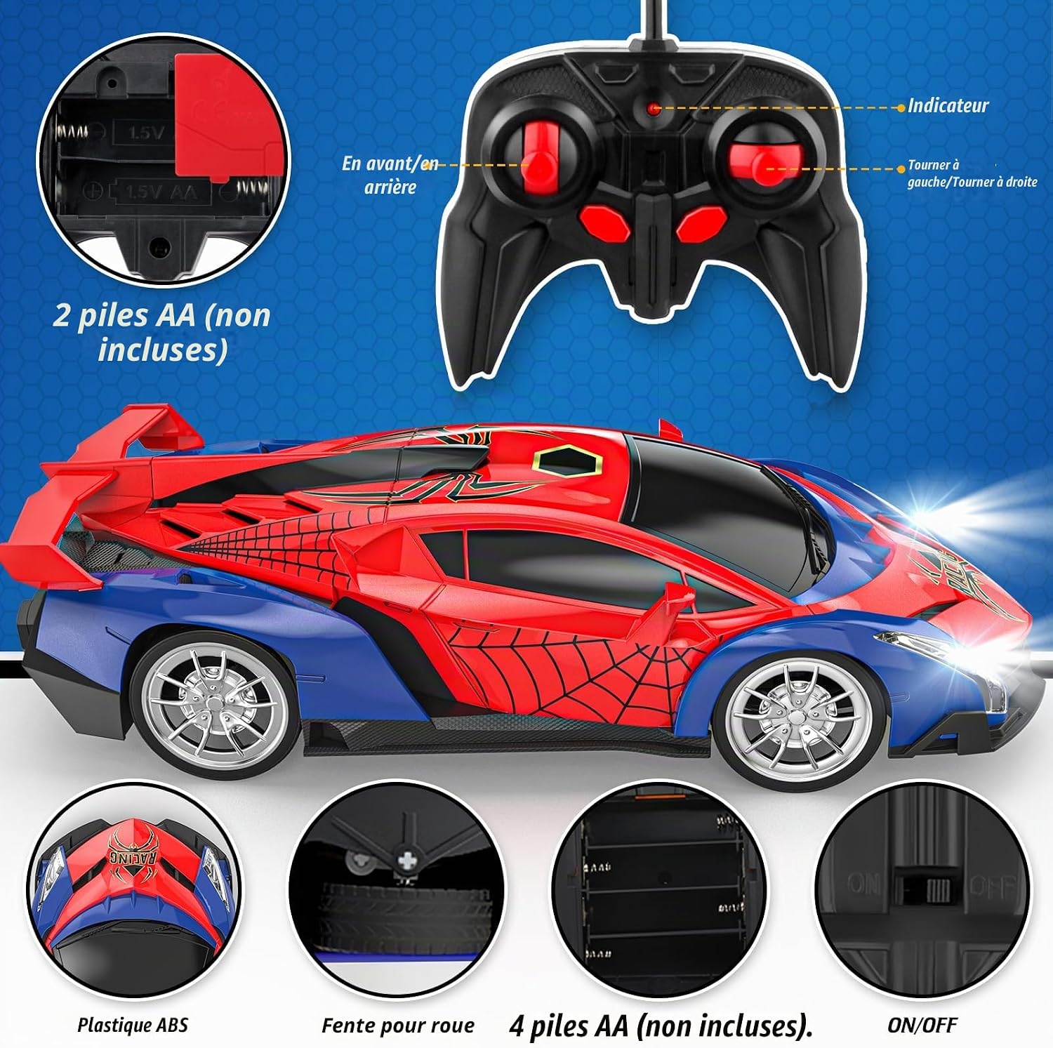 Detalle de Mieryd RCY1114 bestuurbare auto 1:18 met verlichting en Spiderman-look