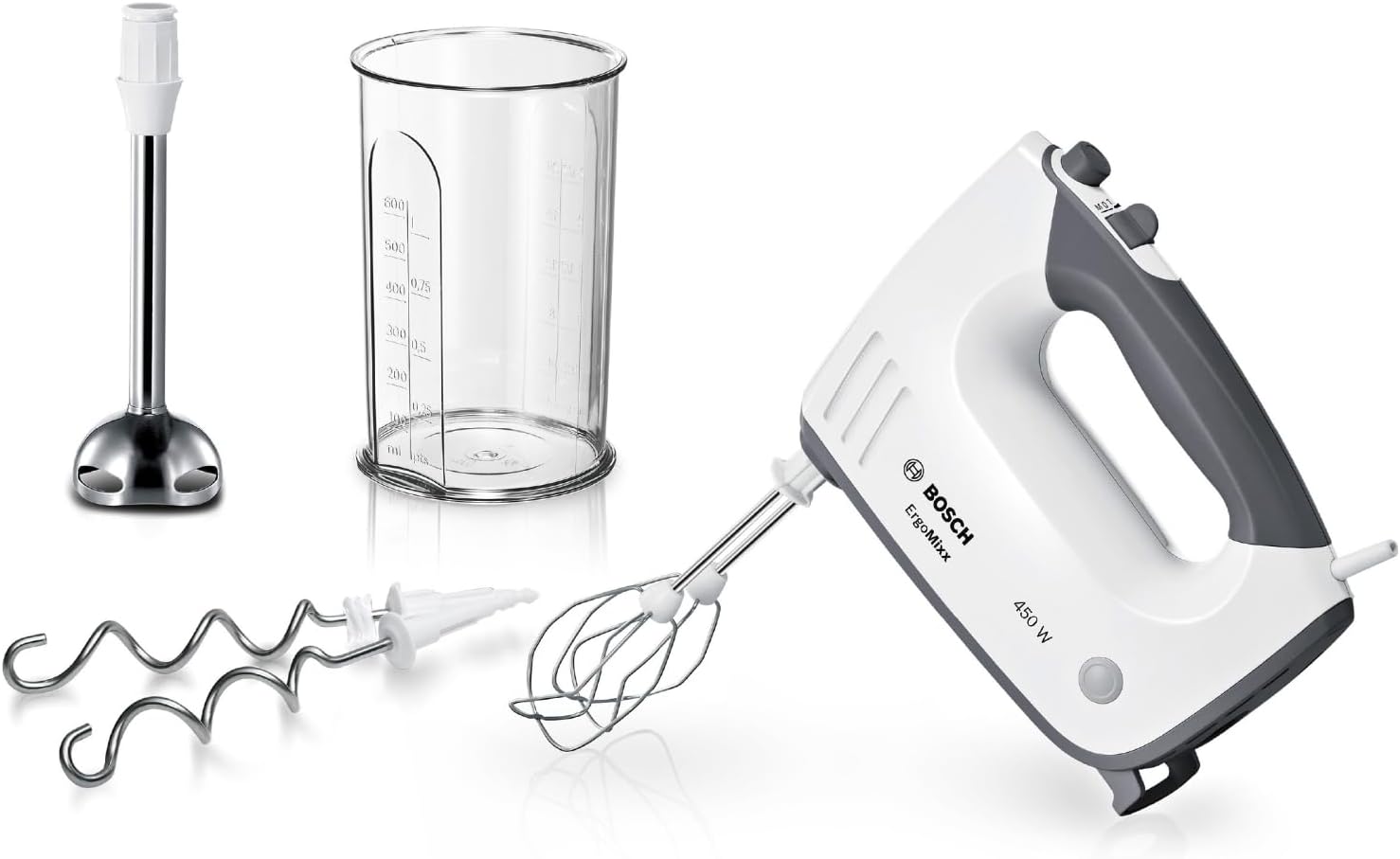 Detalle de Bosch ErgoMixx MFQ37470 handmixer 750 W met 5 snelheden en accessoires