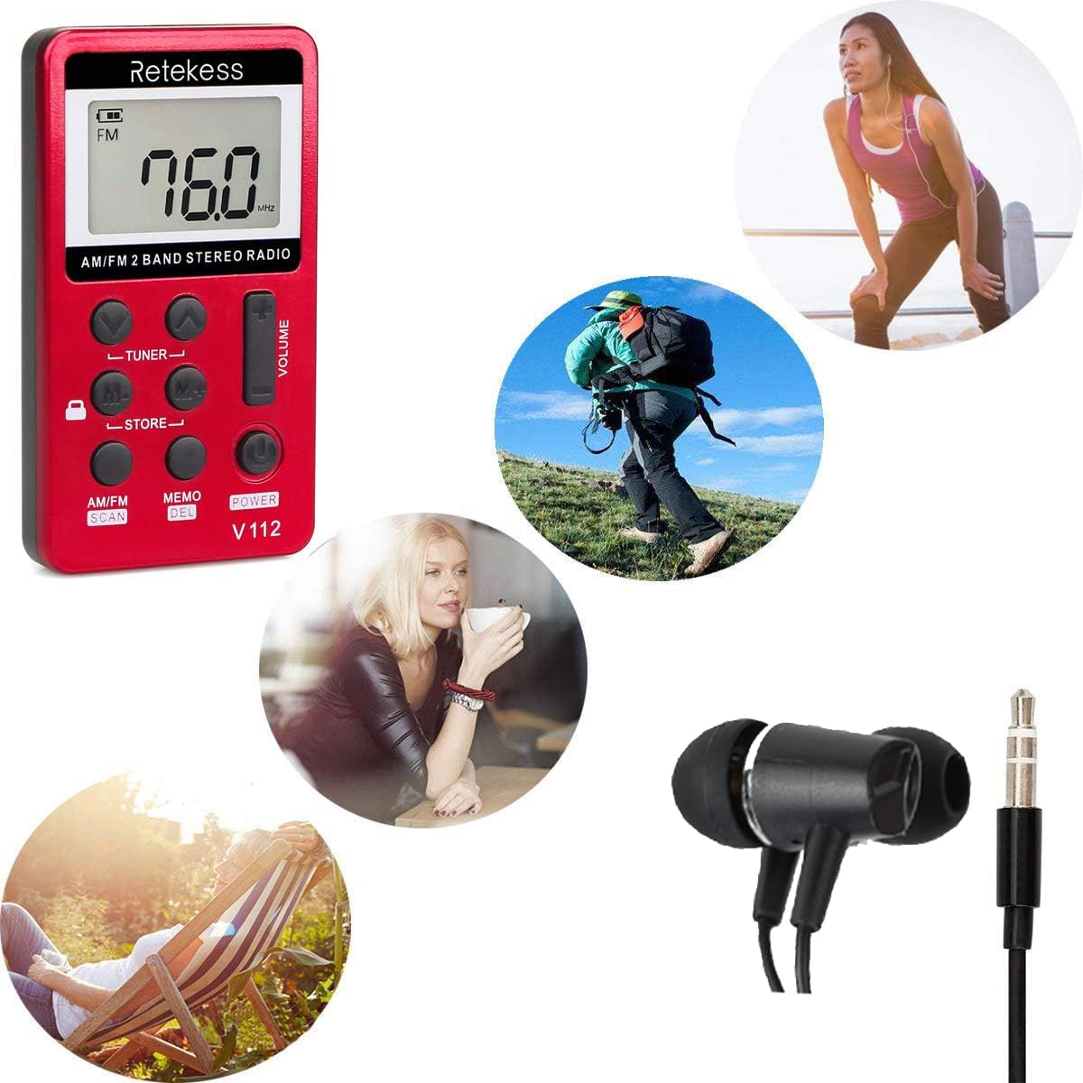 Thumbnail 6 de Retekess V112 Mini Radio Portatile AM/FM ricaricabile con cuffie stereo (Rosso) – per corsa, viaggi e uso quotidiano