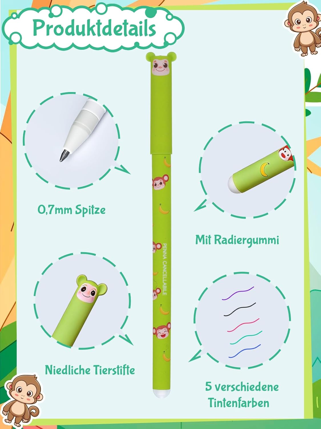 Thumbnail 2 de GutSache 5er Set radierbare Gelstifte mit thermoempfindlicher Radiertinte – 0,7 mm, Tiermotive, Geschenk zur Einschulung