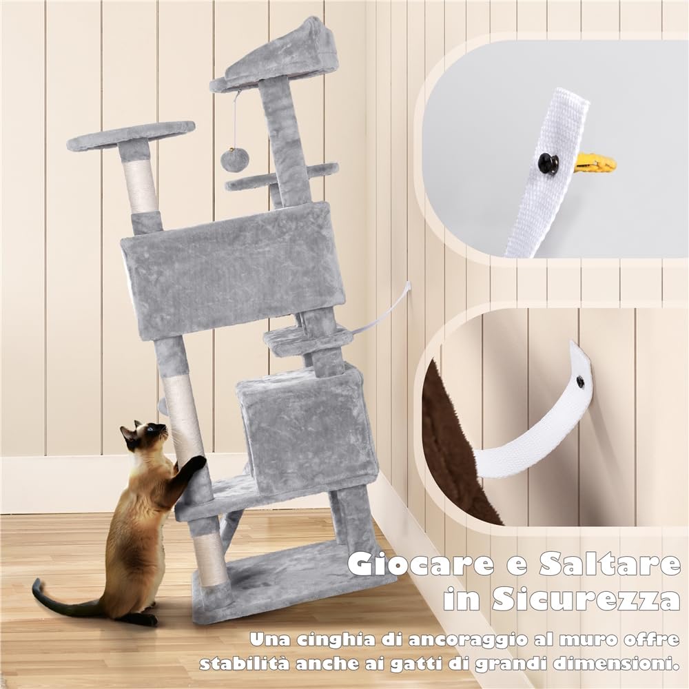Detalle 2 de Yaheetech albero tiragraffi per gatti da 139 cm con 3 pali, 3 posatoi e grotte