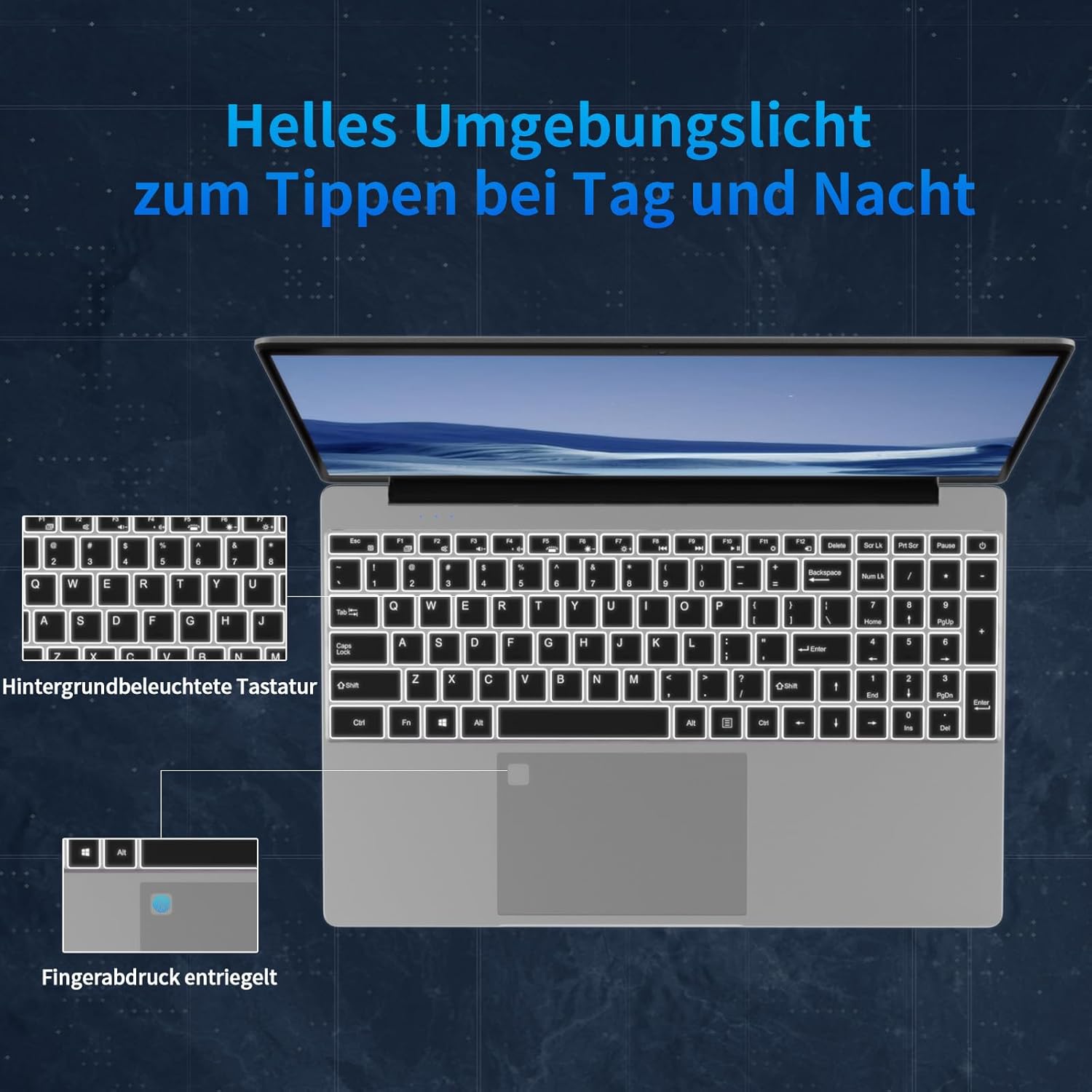 Detalle de Trygood Laptop 15,6 Zoll – Full HD IPS, Fingerabdruck-ID, 8GB RAM, 256GB SSD