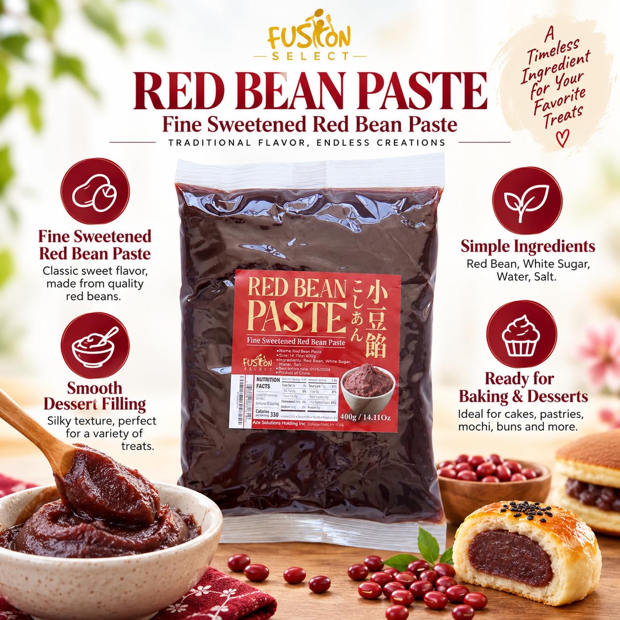 Detalle de Fusion Select Sweetened Red Bean Paste, 2-Pack for Mochi, Buns & Pastries