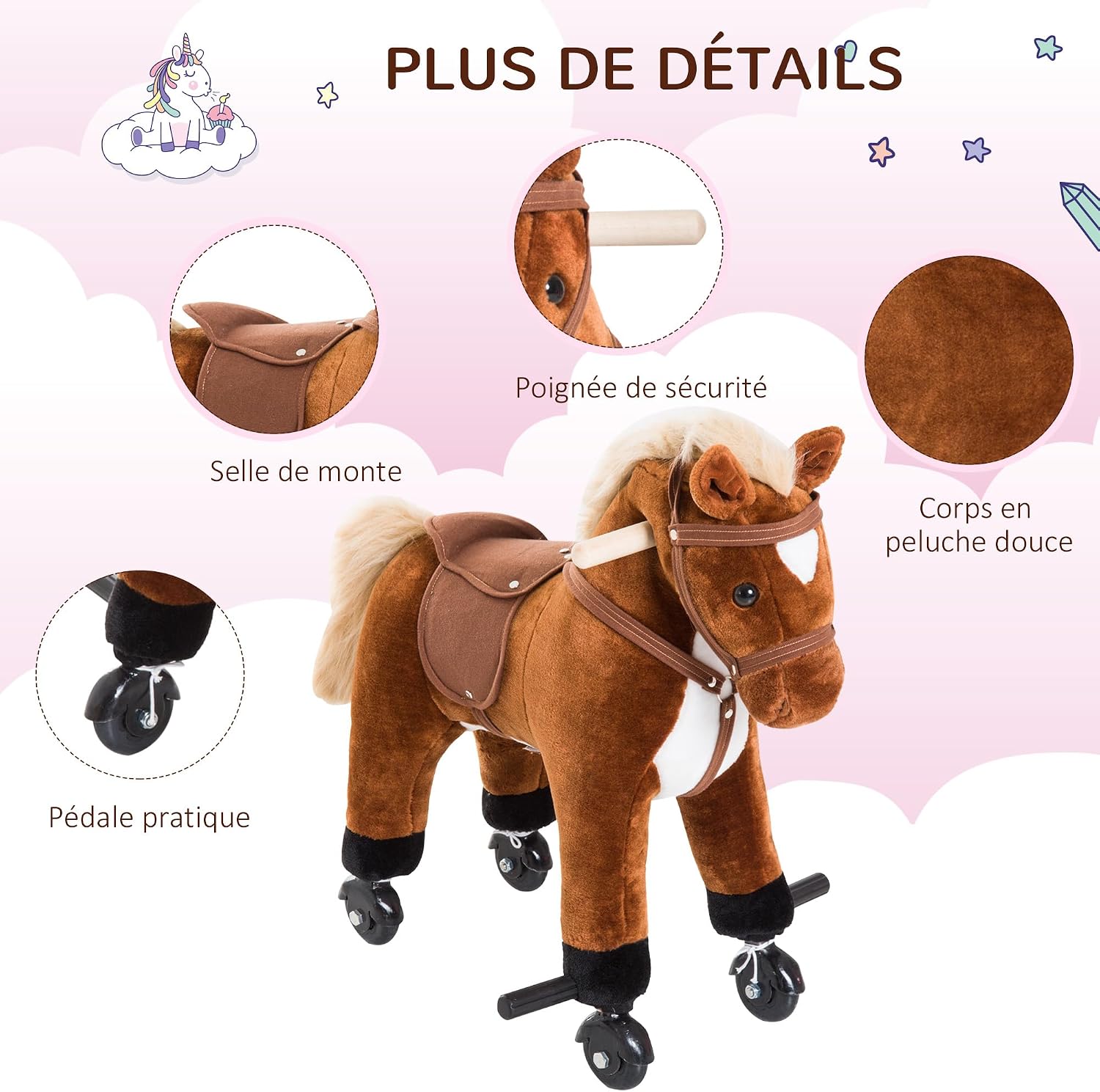 Detalle de HOMCOM pluchen paard op 4 wielen met hinnikgeluid, handgrepen en voetsteunen