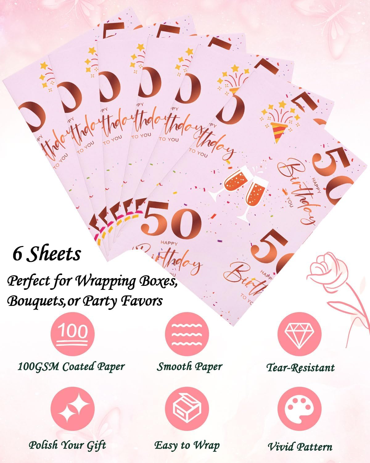 Detalle de Vinuwu 6 Sheets 50th Birthday Wrapping Paper – 70x50cm, Rose Gold Pink, Plastic Free & Recyclable